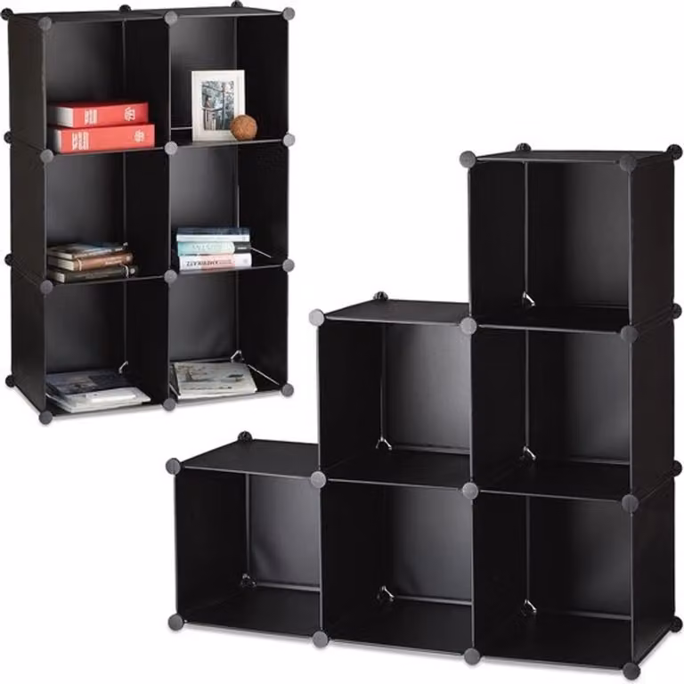 Zwarte opbergkast met 6 vakken als roomdivider en schoenenrek - B/D/H: 110 x 35 x 110 cm