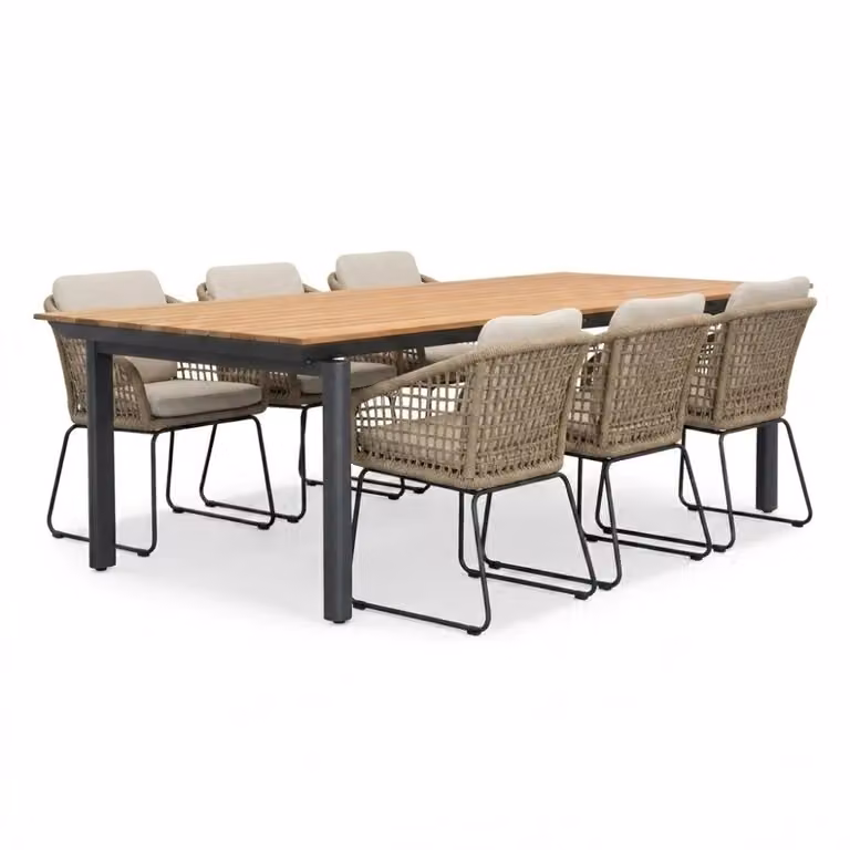 LUX outdoor living Montana/Tulum dining tuinset voor 6 personen in Sahara Dust, aluminium en touw, B: 240 cm x D: 100 cm
