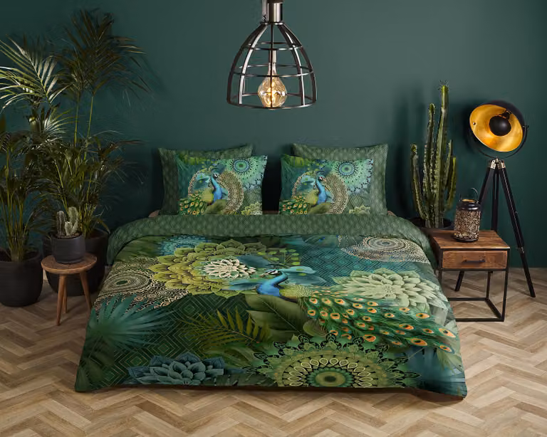 home24 Meidian Beddengoed Set Groen met 2 kussens, Dekbedovertrek 220 x 200 cm en Kussenslopen 80 x 60 cm