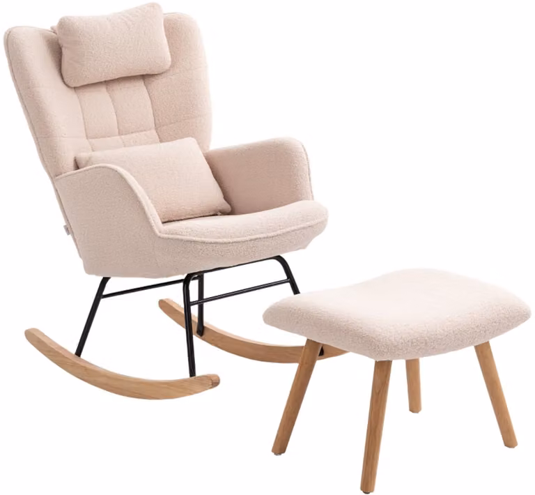DESMIU Schommelstoel met Hocker en Hoge Rugleuning - Fleece Beige - B/D/H: 70,5 x 101,5 x 99,5 cm