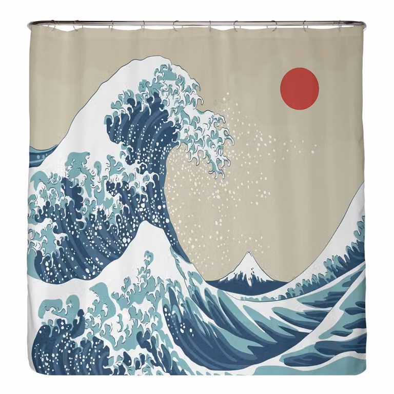 home24 Japan Wave Antischimmel douchegordijn blauw microvezel B: 180 cm, H: 200 cm
