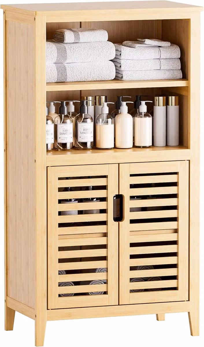 Vrijstaande bamboe vloerkast met deurtjes en interne planken - Rattan en hout - Bruin/Beige - Scandinavische stijl