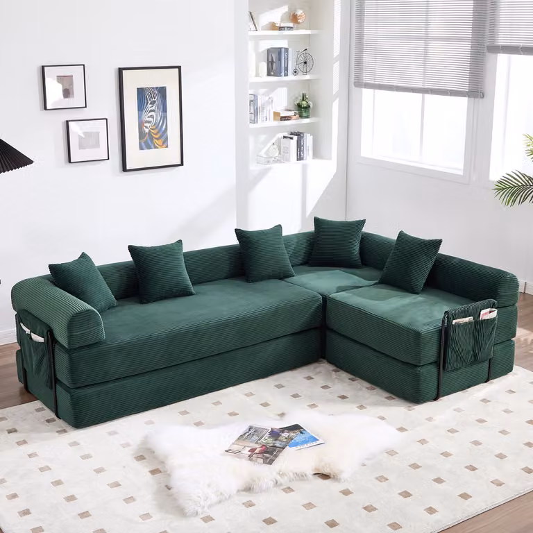 MODENUIT Hoekbank Smaragdgroen - Modulaire Slaapbank van Ribfluweel - B/D/H: 270 x 180 cm