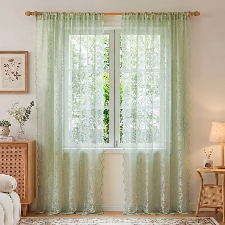 MUPOO Vitrages Kant en Klaar - Mintgroene Kanten Gordijnen met Bloemenmotief - Lichtdoorlatend en Luchtig - 2 stuks - B: 140 cm, H: 215 cm