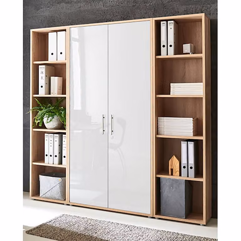 home24 Dossierkast III, Bruin/Sonoma eiken en Hoogglans Wit, H 172 x B 186 x D 33 cm