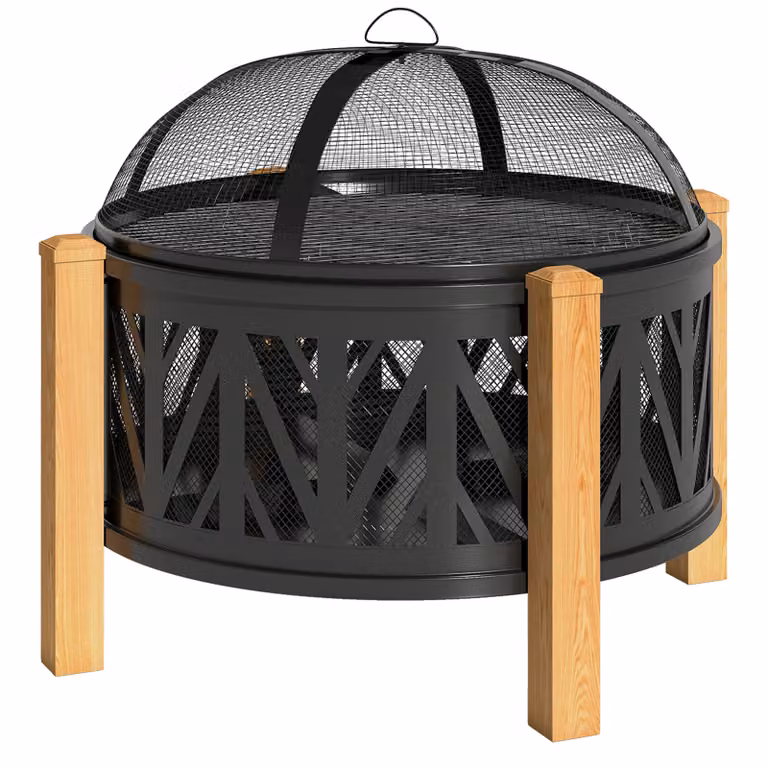 Outsunny 2-in-1 Vuurschaal met Vonkbescherming en Grillrooster, Zwart, B/D/H: 75 x 75 x 58 cm