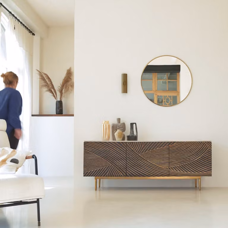 Tikamoon Dressoir van massief mangohout en terrazzo, Bruin, Breedte: 180 cm