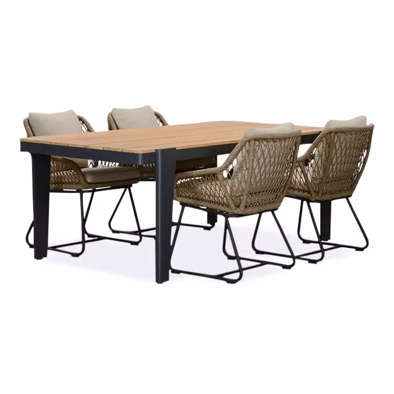 Vigo/Portofino Sahara Dust eettafelset voor 4 personen van teakhout en touw, Breedte: 200 cm