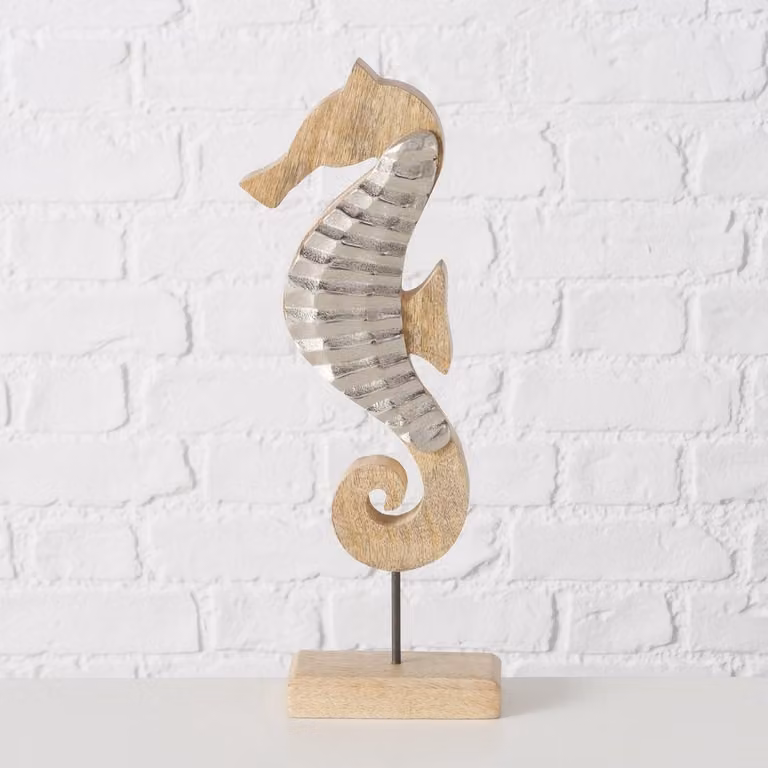 Boltze Maritiem Decoratie Zeepaard - Bruin en Zilver - Mangohout en Aluminium - Hoogte: 38 cm