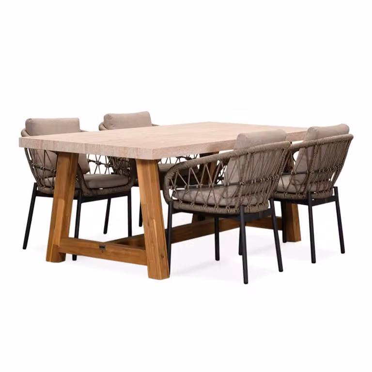Velora Dakota Dining Tuinset voor 4 personen in beige en antraciet met travertin en touw, Breedte: 200 cm