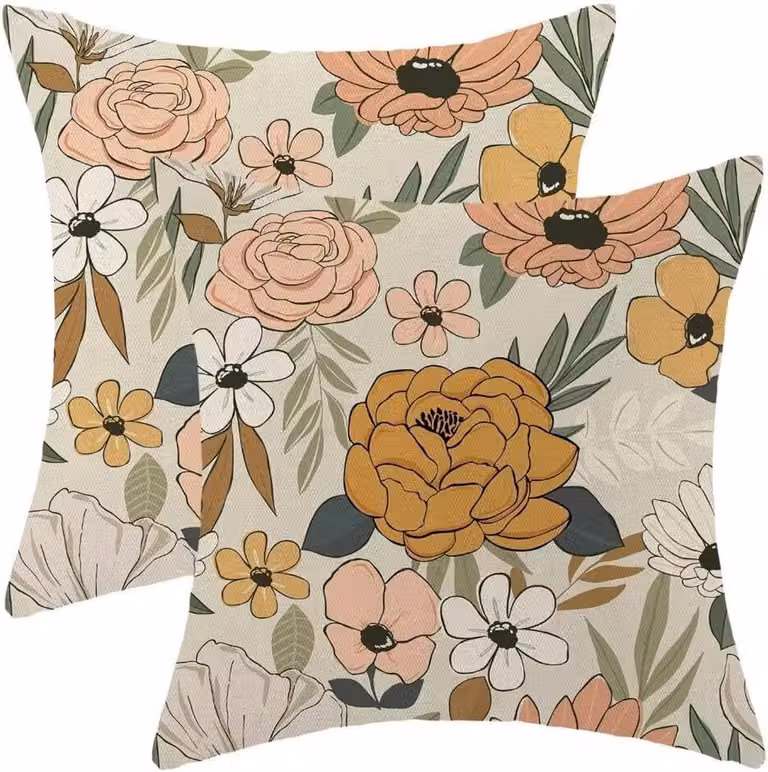 Set van 2 linnen sierkussenshoezen met waterverf bloemenpatroon, 45 x 45 cm, rustiek modern voor binnen en buiten