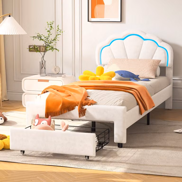 Gestoffeerd bed met LED-verlichting onder het bed en opberglade, Blütenvorm hoofdbord, 90 x 200 cm