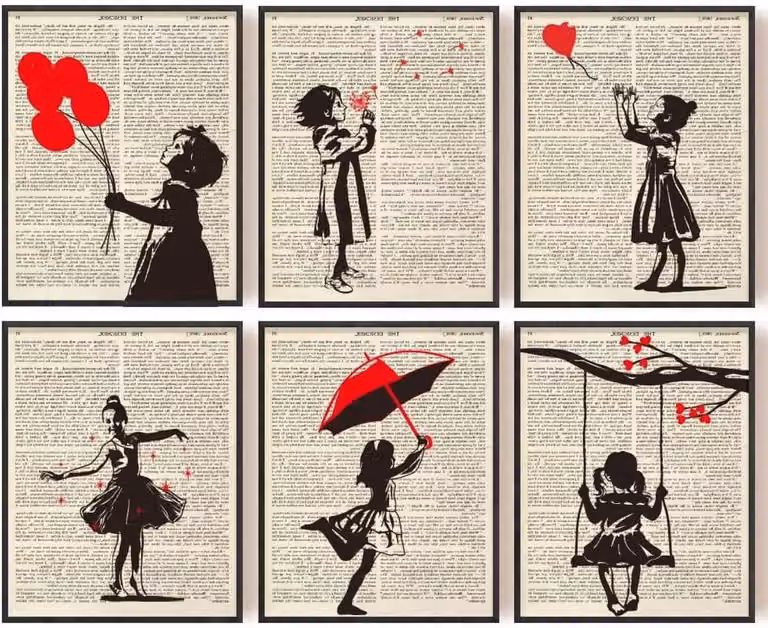 Provento Set van 6 moderne canvas wandkunstdrukken met rood en zwarte graffiti graphics, 8 x 10 cm