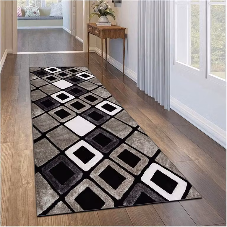 Geometrisch Vloerkleed voor Hal en Keuken - Zwart Wit - 80 x 250 cm