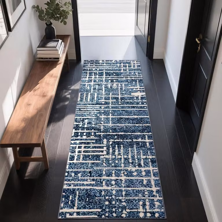 Abstracte Moderne Vloerbedekking - Rechthoekige Tapijtmat voor Hal, Keuken, Slaapkamer of Badkamer - Blauw