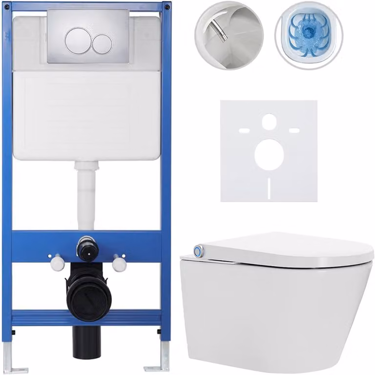 Cerano Profi/Cronus Standard toiletset met Duo/Chroom toiletknop - Wit glanzend - Wandmontage - 59,3 x 38,4 cm