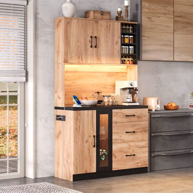 OKWISH Kastenwand Keukenkast met Ledverlichting en Stopcontacten, Neutraal MDF, B/D/H: 105 x 40 x 180 cm