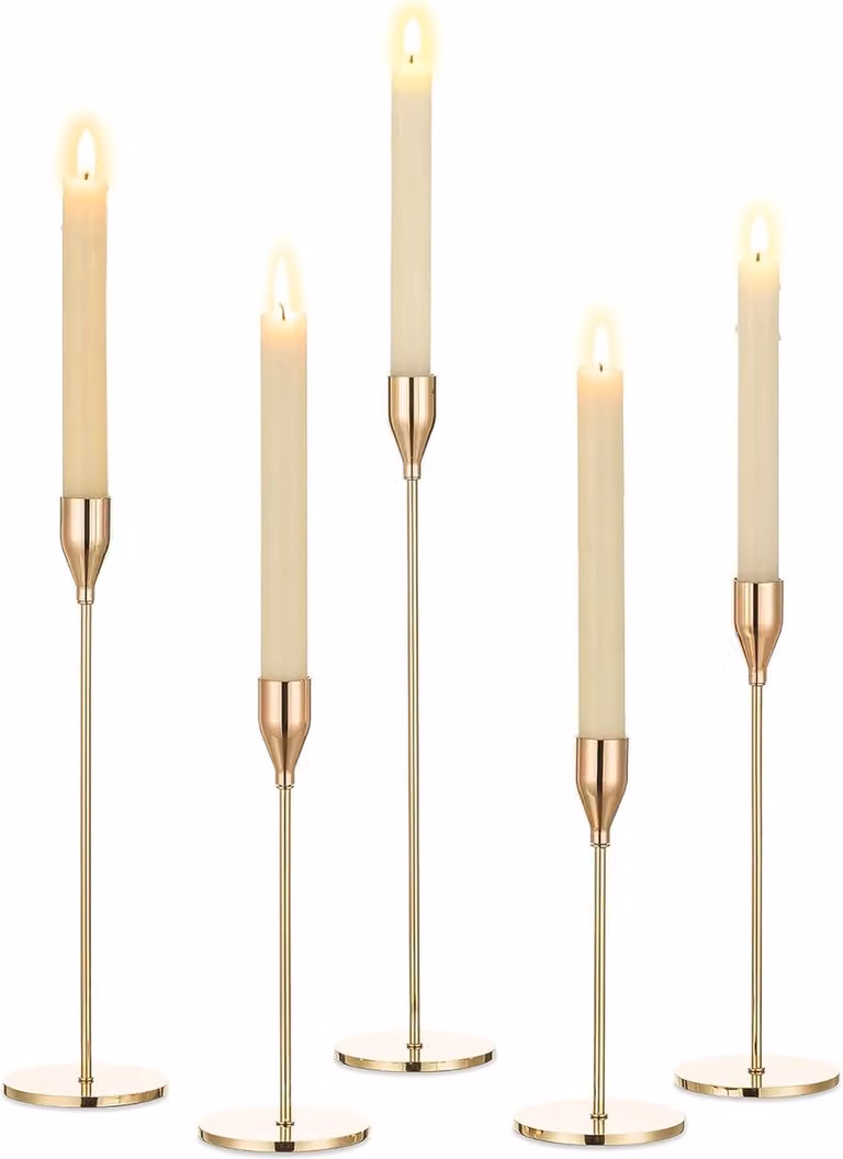 Set van 5 Gouden Vintage Metalen Taper Kaarsenhouders voor Kerst, Bruiloft en Eettafel Decoratie