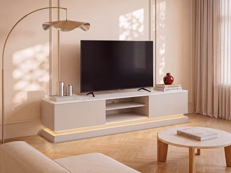 Devika Tv-meubel met ledverlichting en soft-close lades, beige en wit marmereffect, B: 190 cm, D: 40 cm, H: 44 cm