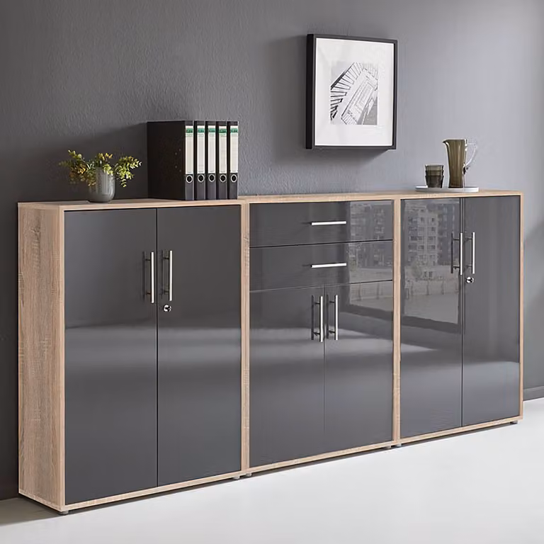 home24 Kastenset 3-delig C, Sonoma eikenhout look en antraciet hoogglans, B/D/H: 114 x 33 x 85 cm
