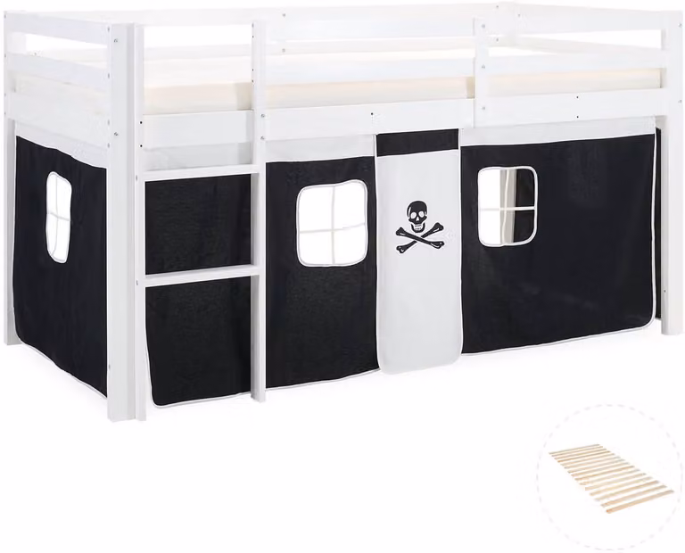 Homestyle4u Kinderhoogslaper Piraat - Wit - met ladder, gordijn en valbeveiliging - H 207,5 x B 110 x D 96,5 cm - Matrasmaat 90x200 cm
