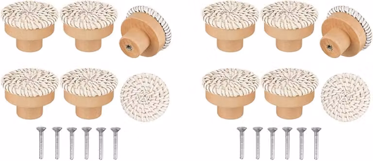 Set van 12 handgemaakte houten kastknoppen met beige geweven riet voor het opknappen van meubels
