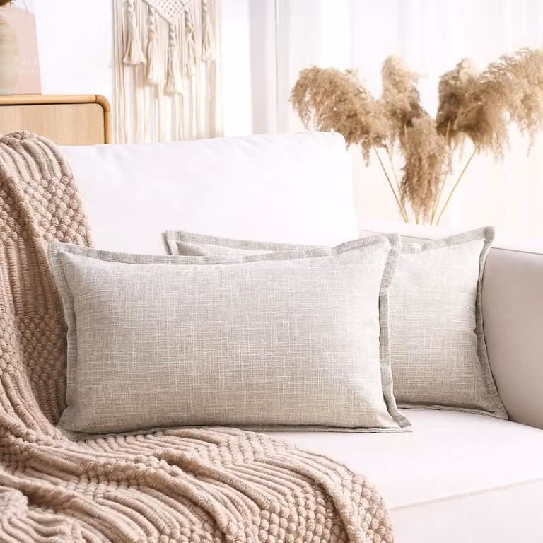 SnelShoppen Set van 2 Beige Linnen Kussenhoezen - Rechthoekige Boho Decoratieve Kussens voor de Landelijke Stijl