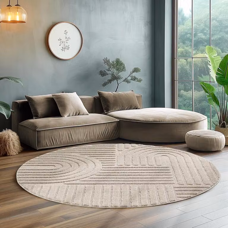 Rond Hoogpolig Vloerkleed met 3D Skandi Boho Design in Beige - Polypropyleen