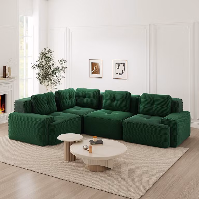 Moderne groene corduroy hoekbank met slaapfunctie en antislipvoeten, B/D/H: 295 x 295 x 69 cm