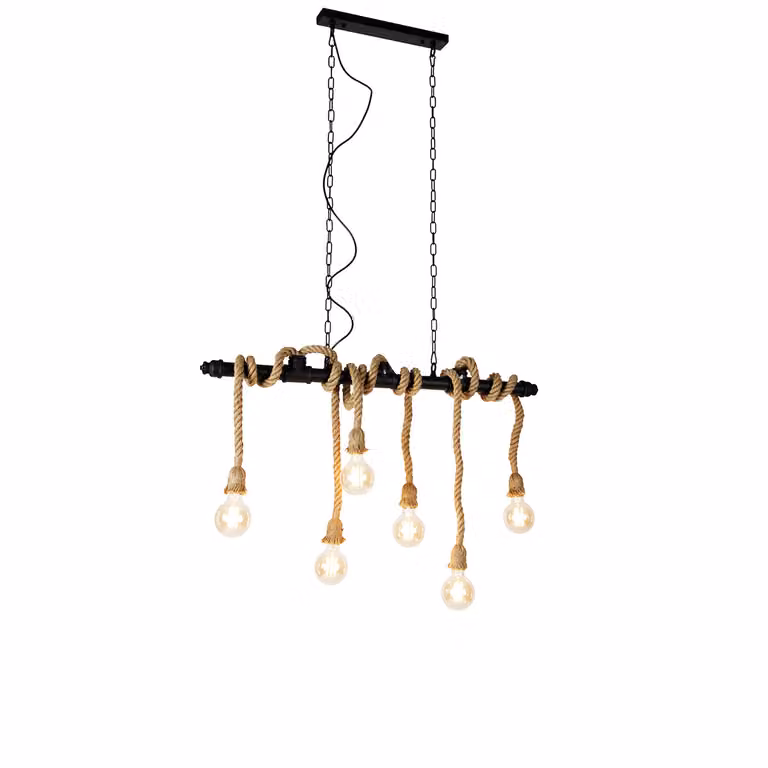 Qazqa Smart Hanglamp Industrieel - 6-lichts - Zwart/Bruin - Wifi & Dimbaar - Metaal en Glas