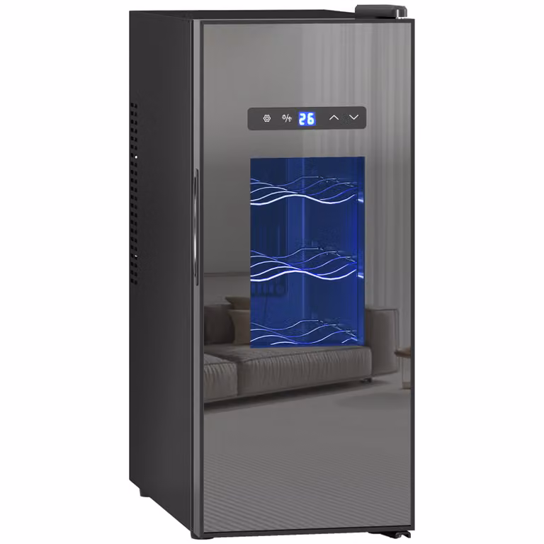 HOMCOM Wijnkoelkast met 30L inhoud voor 12 flessen, 8-18°C temperatuurbereik, LED-display, zwart, B/D/H: 26,5 x 51,5 x 65 cm