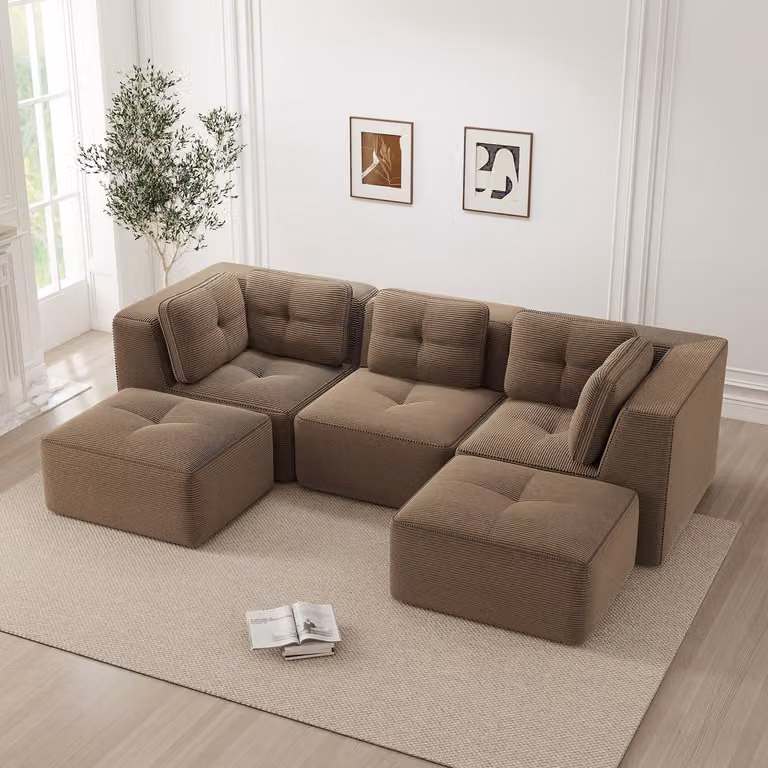 U-Bank Modulaire U-vormige Hoekbank met Poef, 3-Zits Corduroy Zitbank voor de Woonkamer, Bruin