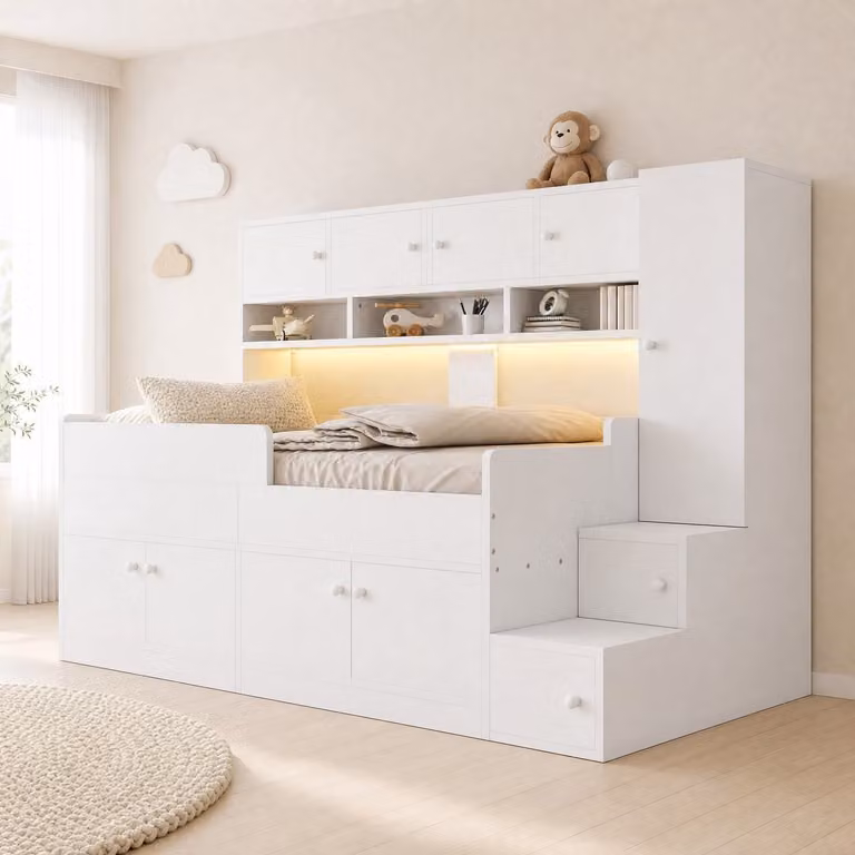 REDOM Hoogslaper met opbergruimte en LED-verlichting, Wit, B/D/H: 238 x 96 x 150 cm