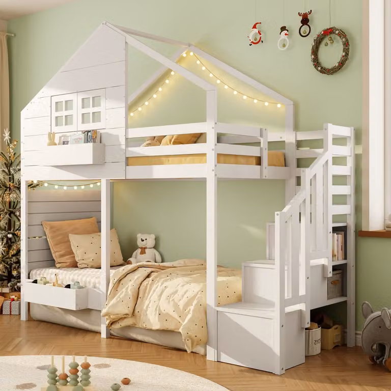 FloraGrace Stapelbed 90x200 cm - Huisvormig Kinderbed met Opbergtrap en Wandrek - Massief Grenen - Wit - Zonder Matras