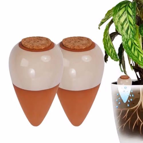 Relaxdays Keramische bewateringskegels met kurk, set van 4, terracotta/beige, 350 ml