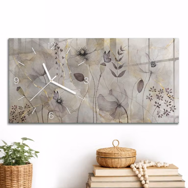 ArtPrintCave Beige Glazen Wandklok met Bloemig Design - B/D/H: 60 x 30 cm - Analoge Stille Wandklok met Witte Wijzers