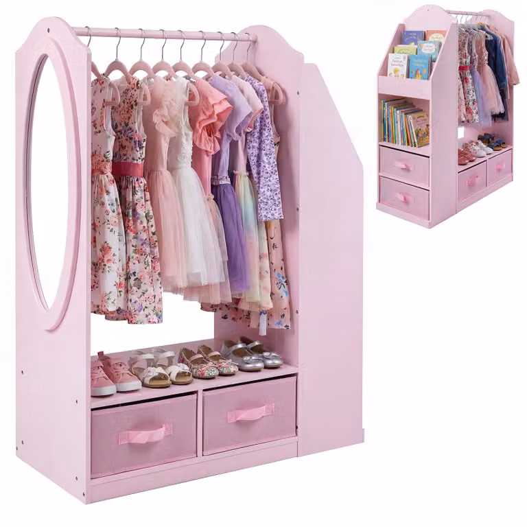 Costway Kinderkleiderschrank met Spiegel en Kledingrek in Roze
