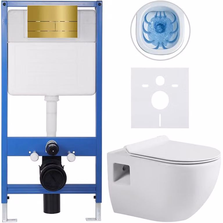Cerano Complete inbouwtoiletset Lite/Dure - wit glanzend met goudkleurige toiletknop Line - 51 x 35 cm