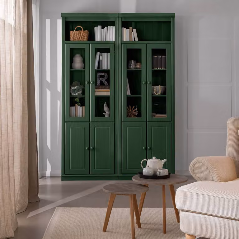 home24 Houten vitrinekast met glazen deuren, groen/grenenhout, B: 74 cm, H: 223 cm, D: 37 cm