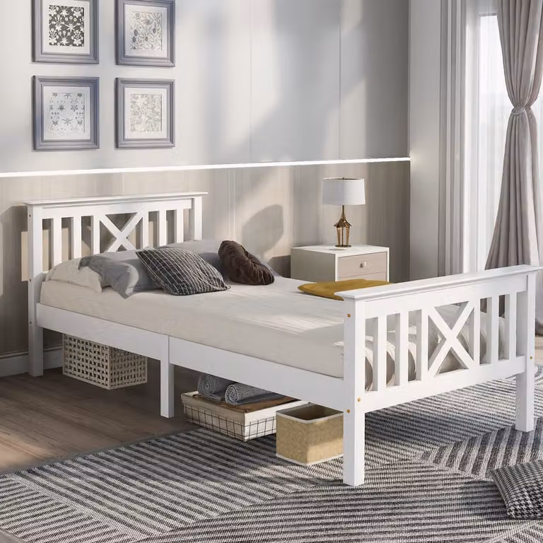 MEUNIQ eenpersoons bedframe met lattenbodem en X-vormig hoofdbord, houten bed voor kinderkamer of jeugdkamer, wit, B/D/H: 90 x 200 cm