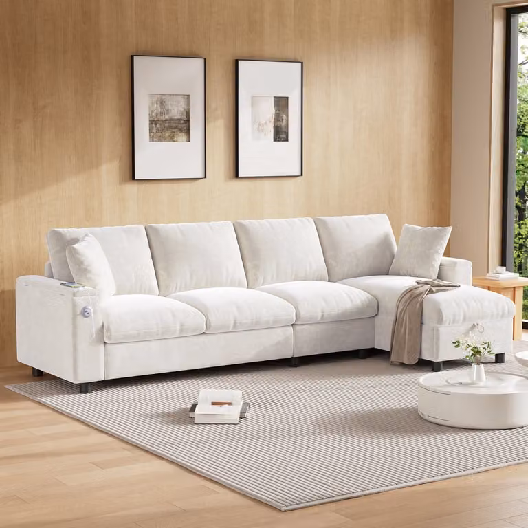 Zubaliya L-vorm chenille slaapbank met uitklapbare tafel, USB-oplaadpunt en 2 drankhouders - Beige - 3-4 personen