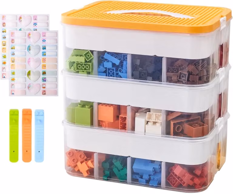 Transparante Opbergdoos met Deksel voor Lego-Bouwstenen, Stapelbare Kunststof Sorteerkist met 3 Verstelbare Compartimenten