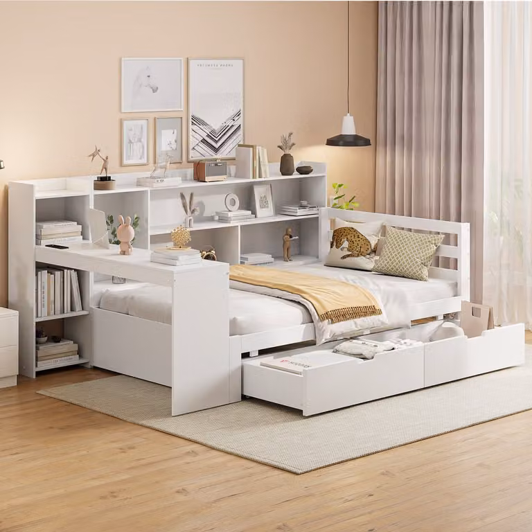 Massief houten slaapbank met bureau, boekenplanken, USB-oplaadpunt en 2 opbergvakken - Wit - 90x200 cm