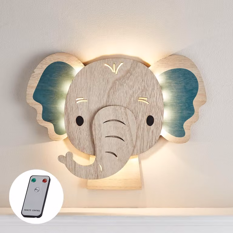 Lights4fun LED-wandlamp Olifant van hout met afstandsbediening en timer voor de kinderkamer