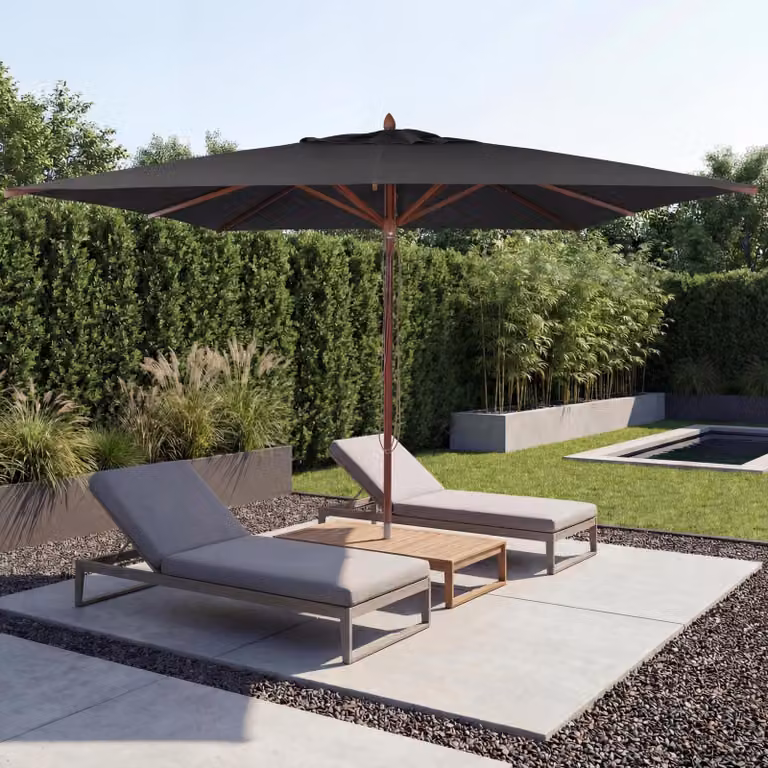 Mendler Gastronomie houten zonnescherm HWC-C57b, antraciet, 4 x 4 meter, met touwbediening