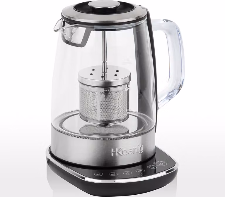 H.Koenig elektrische waterkoker TI600, 1,5 liter, glazen kan met roestvrijstalen theefilter en instelbare thermostaat 70° - 100°C
