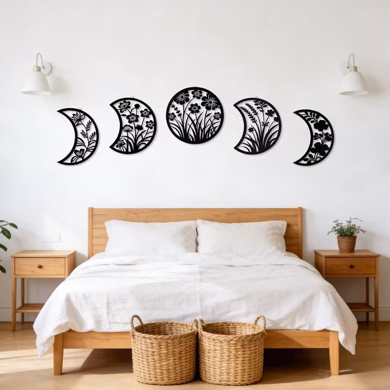 5-delige Maanfase Wanddecoratie voor Slaapkamer en Woonkamer - Boho Metalen Ornamenten - Hoogte: 26,9 cm