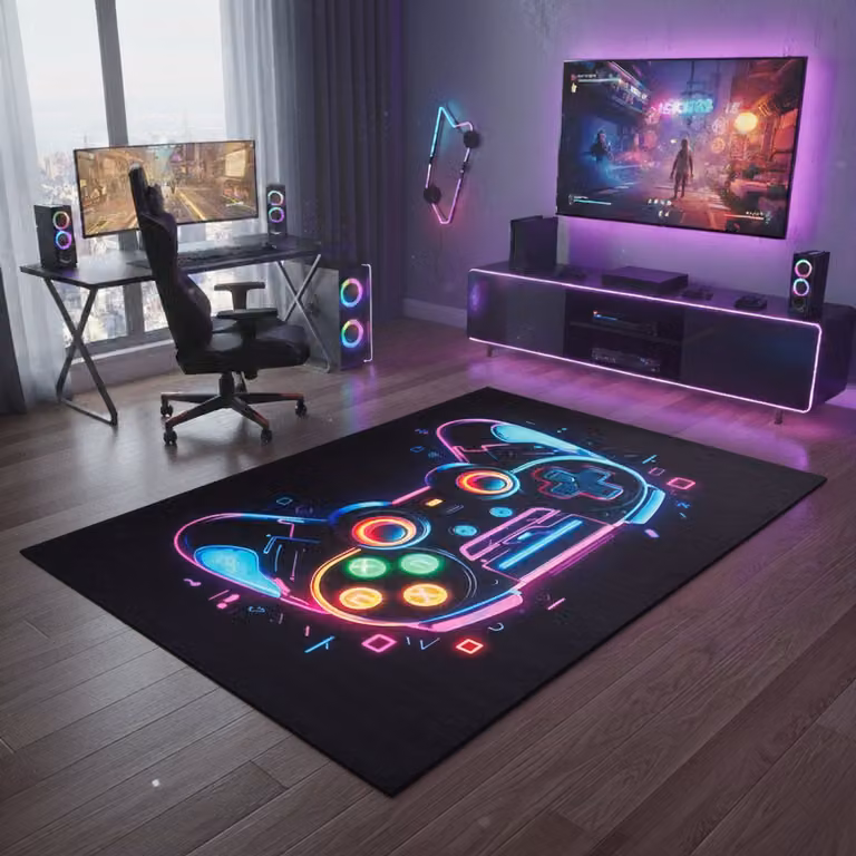 Tapiso COSMO GAME Gamer Vloerkleed met Neon Controller, Modern Laagpolig Antislip Tapijt voor Kinderkamer en Jeugdkamer, 140 x 200 cm