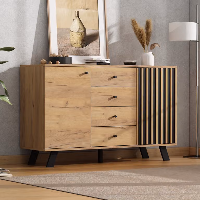 Wishdor Dressoir met 4 Lades en 2 Deuren - Walnoot met Zwarte Accenten - Houtlook - B/D/H: 120 x 38 x 75 cm