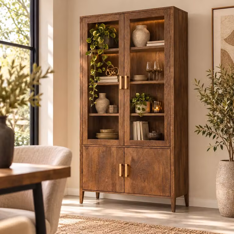 Tower Living Vitrinekast Belvedere met glazen deuren, Mango hout en goud, B/D/H: 120 x 45 x 220 cm